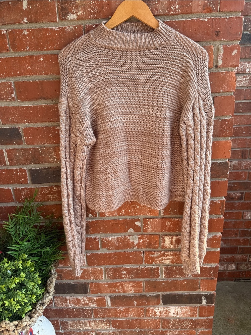 Cozy Lightweight Brown Knit Sweater with Cable Knit Sleeves